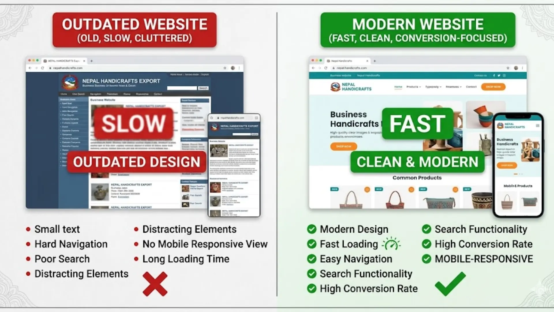 Bad website vs good website comparison for Nepal businesses — importance of professional web development