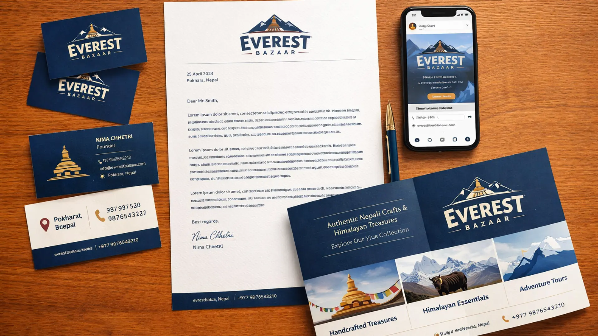 Professional brand design collateral set for Nepal business — business card letterhead social media