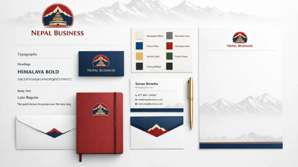 Complete brand identity design for a Nepal business showing logo, colours, typography and stationery — Tech Babal branding services