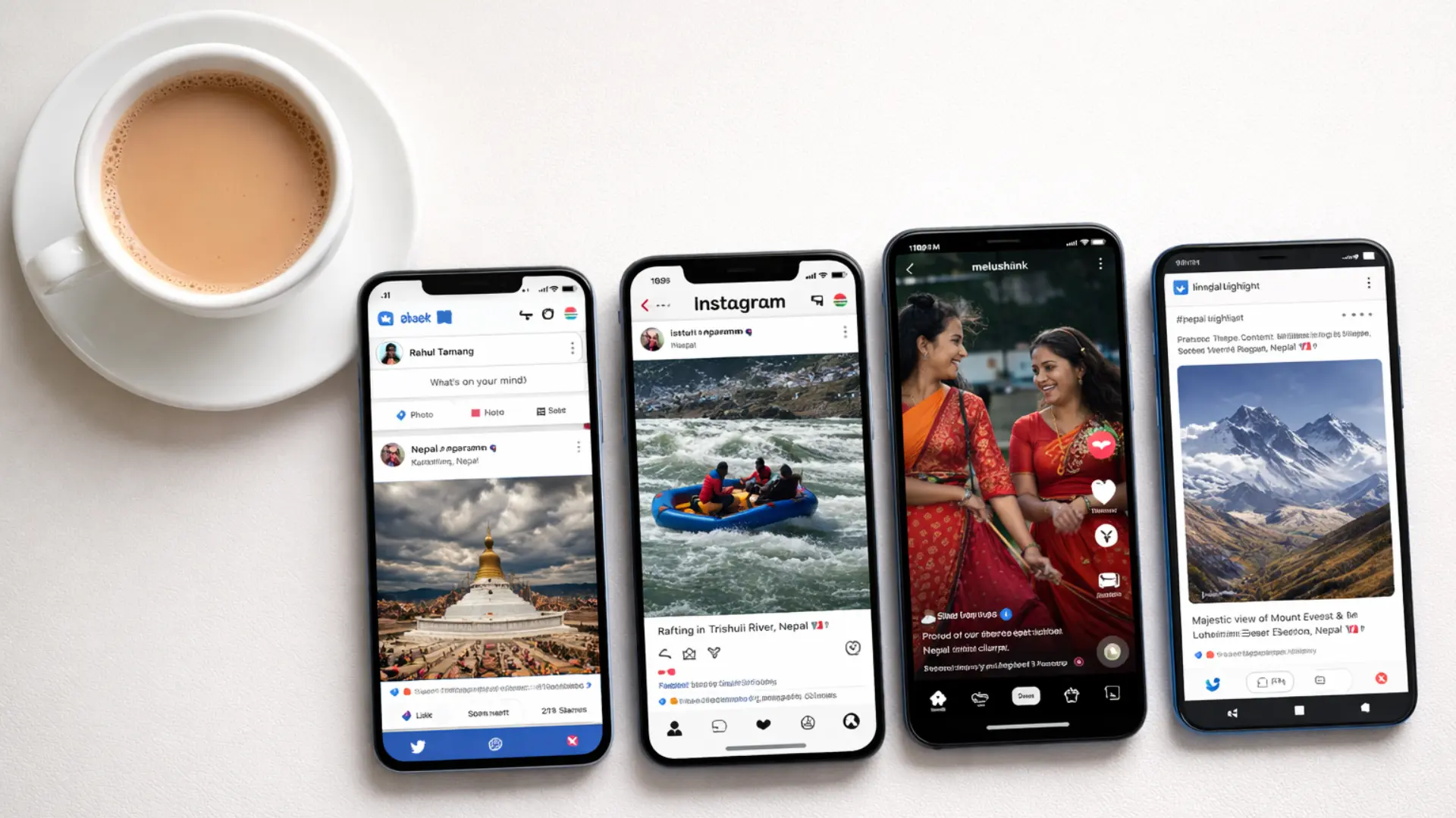 Social media platforms on phones showing Nepal business marketing content
