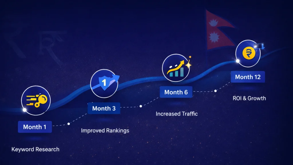 SEO timeline infographic showing month-by-month Google ranking progress for Nepal businesses — Tech Babal