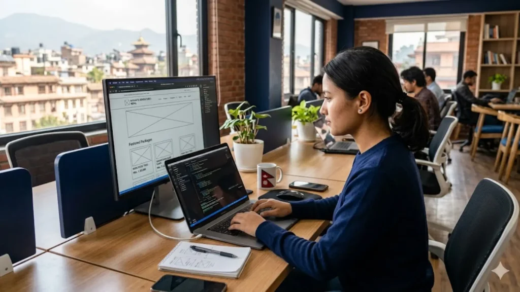 Web developer building a Nepal business website showing cost and design — Tech Babal web development Kathmandu