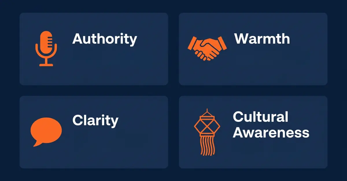 A graphic showing the four key elements of a strong Nepali brand voice: Authority, Warmth, Clarity, and Cultural Awareness.