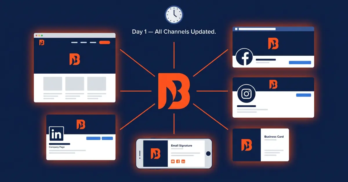 A flat design illustration showing a synchronized rebrand rollout where a new logo simultaneously updates across a website, Facebook, Instagram, LinkedIn, email and business cards on day one.