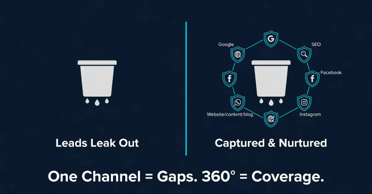 Timeline showing a customer journey in 360 digital marketing — from Instagram to Google search, website, inquiry form, and WhatsApp booking