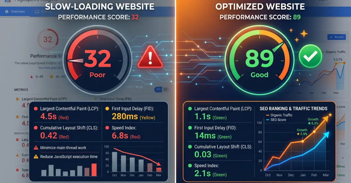 A split-screen comparison showing a slow website with a low PageSpeed score versus an optimized fast-loading website with a high score.