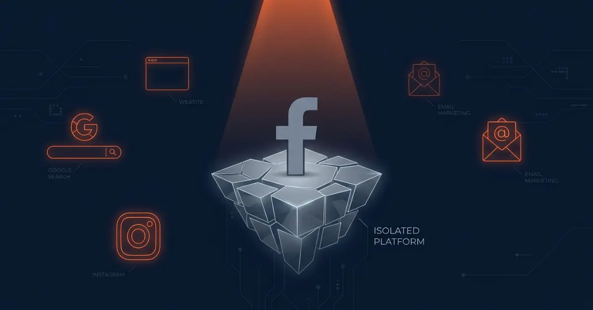 A graphic showing a single Facebook marketing channel isolated and surrounded by disconnected unreachable platforms like Google, Instagram and email representing missed marketing opportunities.