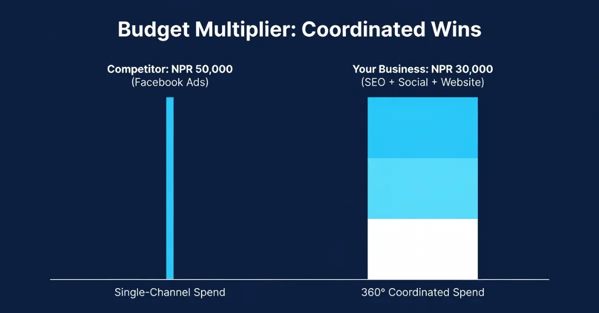 Bar chart comparing NPR 50,000 single-channel marketing spend versus NPR 30,000 coordinated 360 digital marketing spend for Nepali businesses