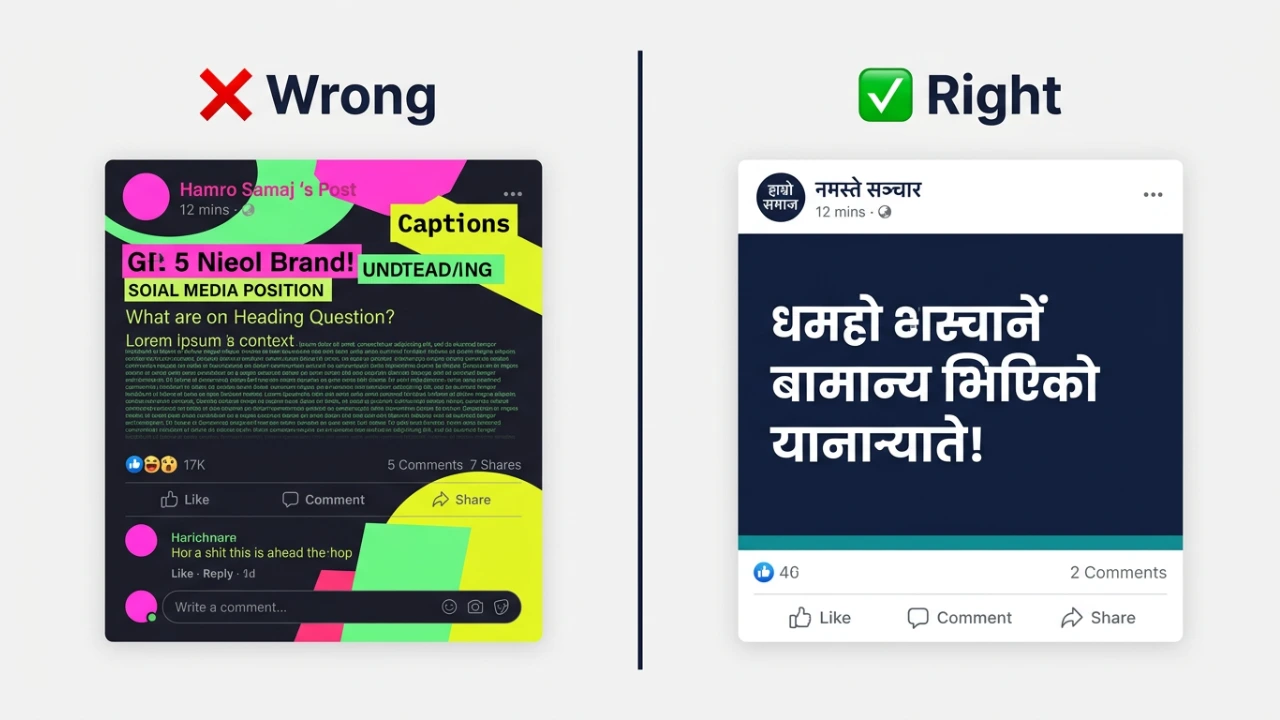 Side-by-side comparison showing wrong vs right social media typography design — illustrating font consistency and contrast best practices for Nepal brands
