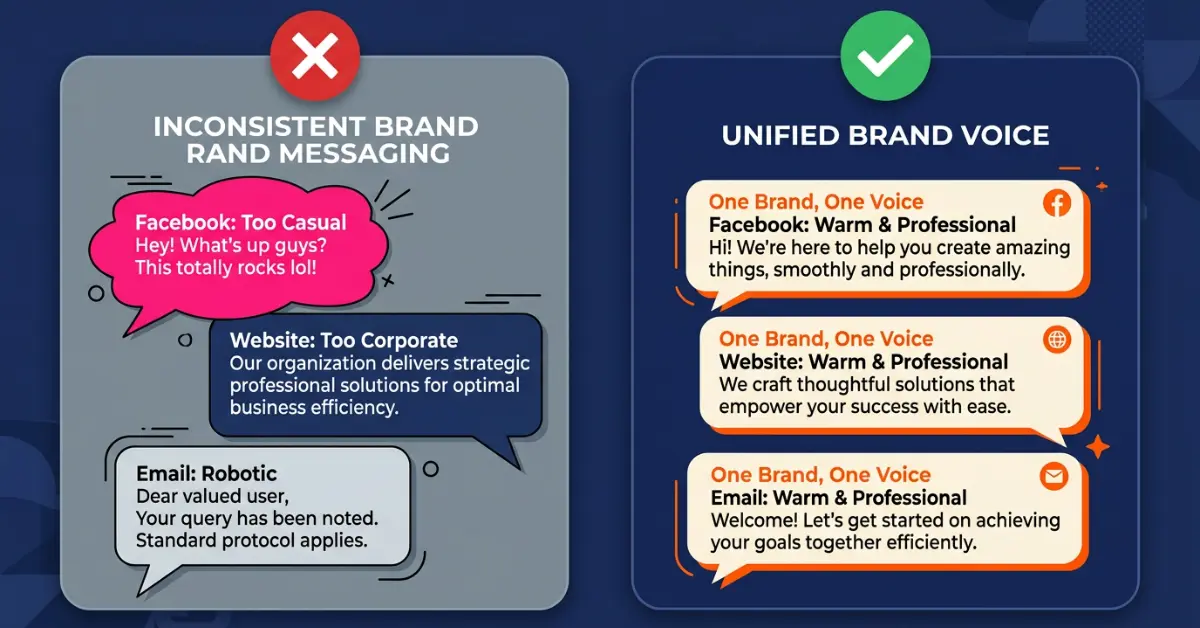 A side-by-side comparison showing inconsistent brand voice across channels on the left versus a unified consistent brand voice on the right.