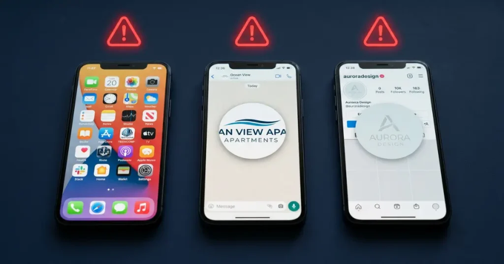 Three smartphones displaying poorly optimized business logos that fail as app icons, WhatsApp profile pictures, and social media avatars showing common digital logo problems.